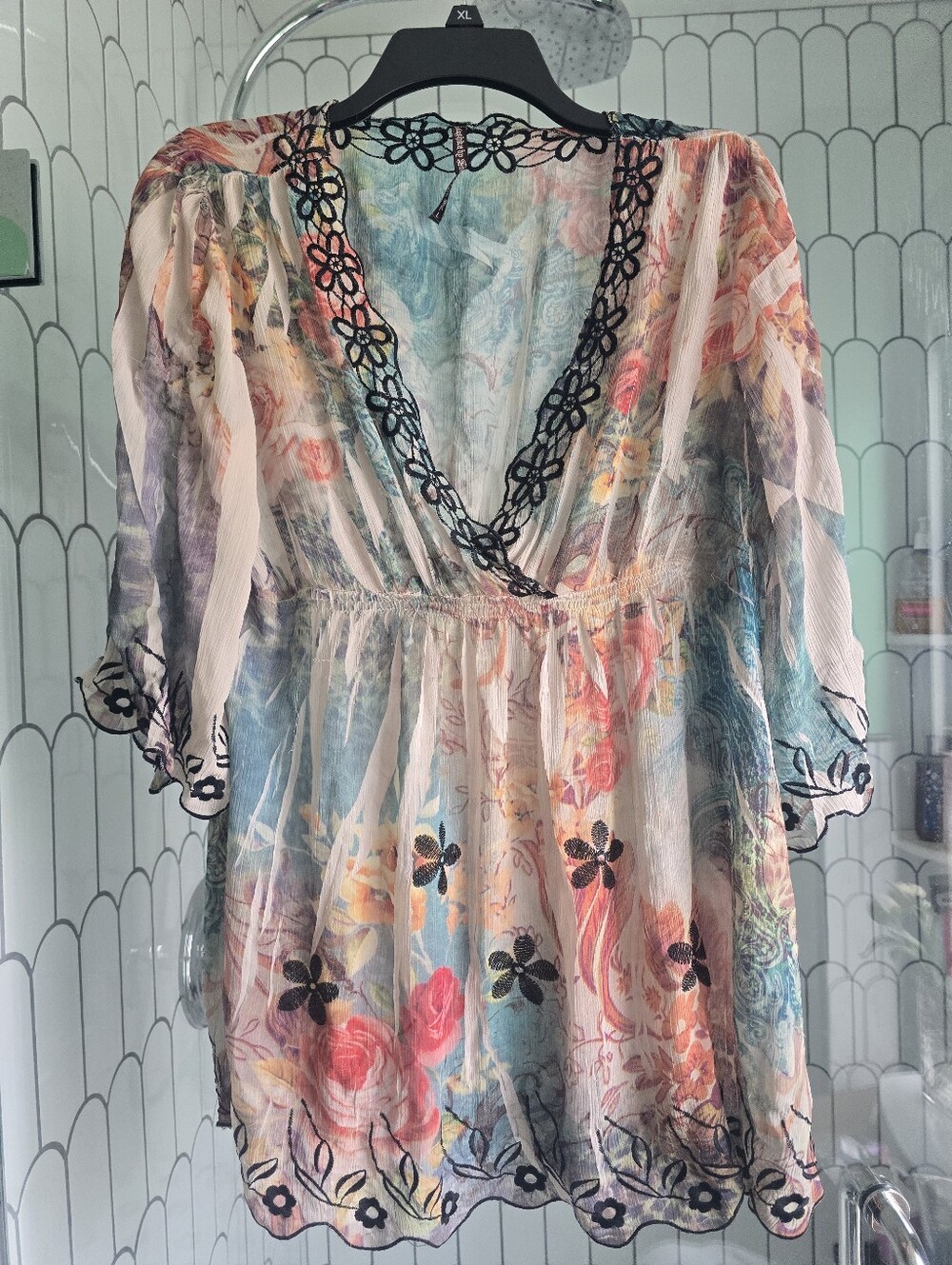 Mushka By Sienna Rose Sheer Floral Tunic with Black Lace Trim